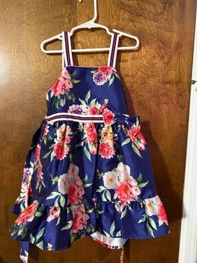 Tahari Navy Floral Dress with Pink and White Blooms